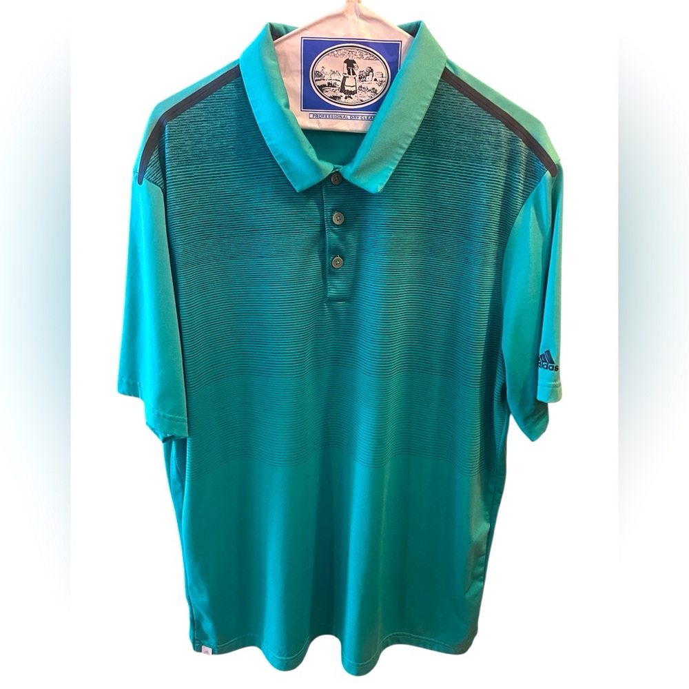 Sporty Adidas Climacool Men's Green/Navy Stripe Short Sleeve Golf Shirt. Size=XL